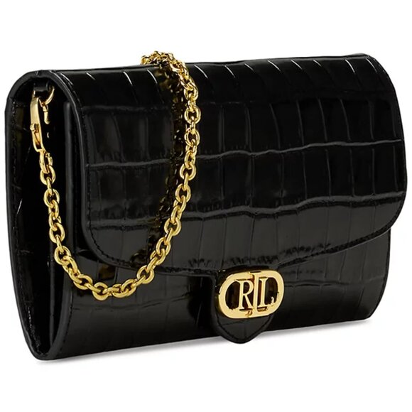 SALE! ✅ Lauren Ralph Lauren Adair Croc-Embossed Leather Crossbody BLACK ✨ NWT - Picture 1 of 17